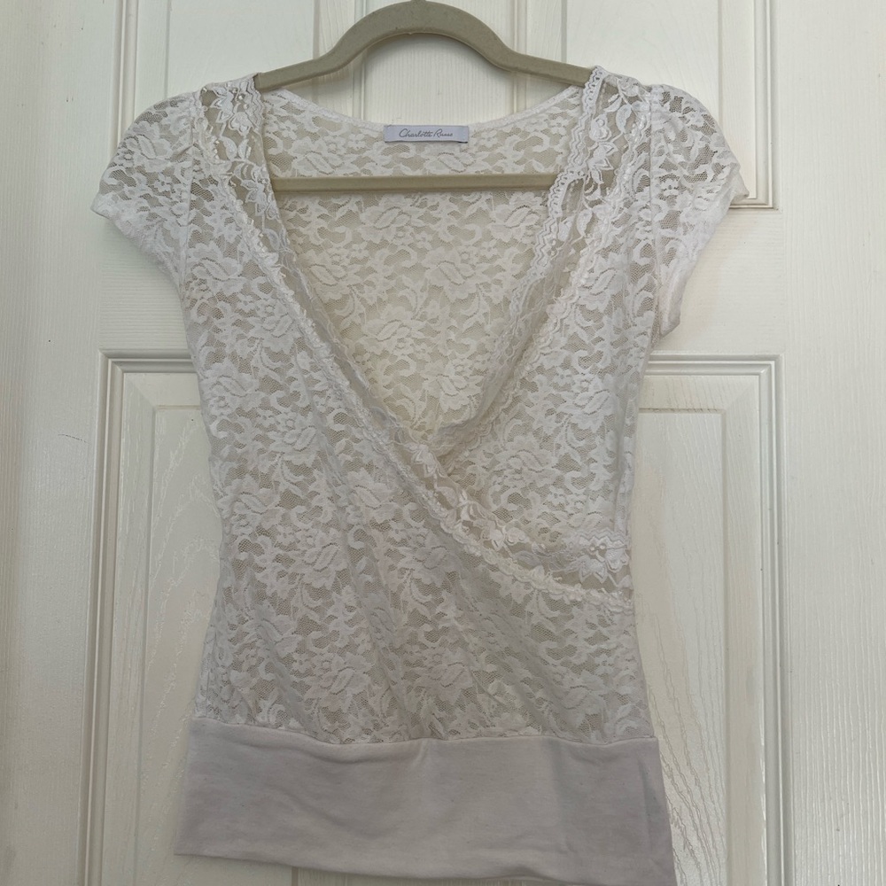 Charlotte Russe Ivory Floral Lace Wrap-Front Top